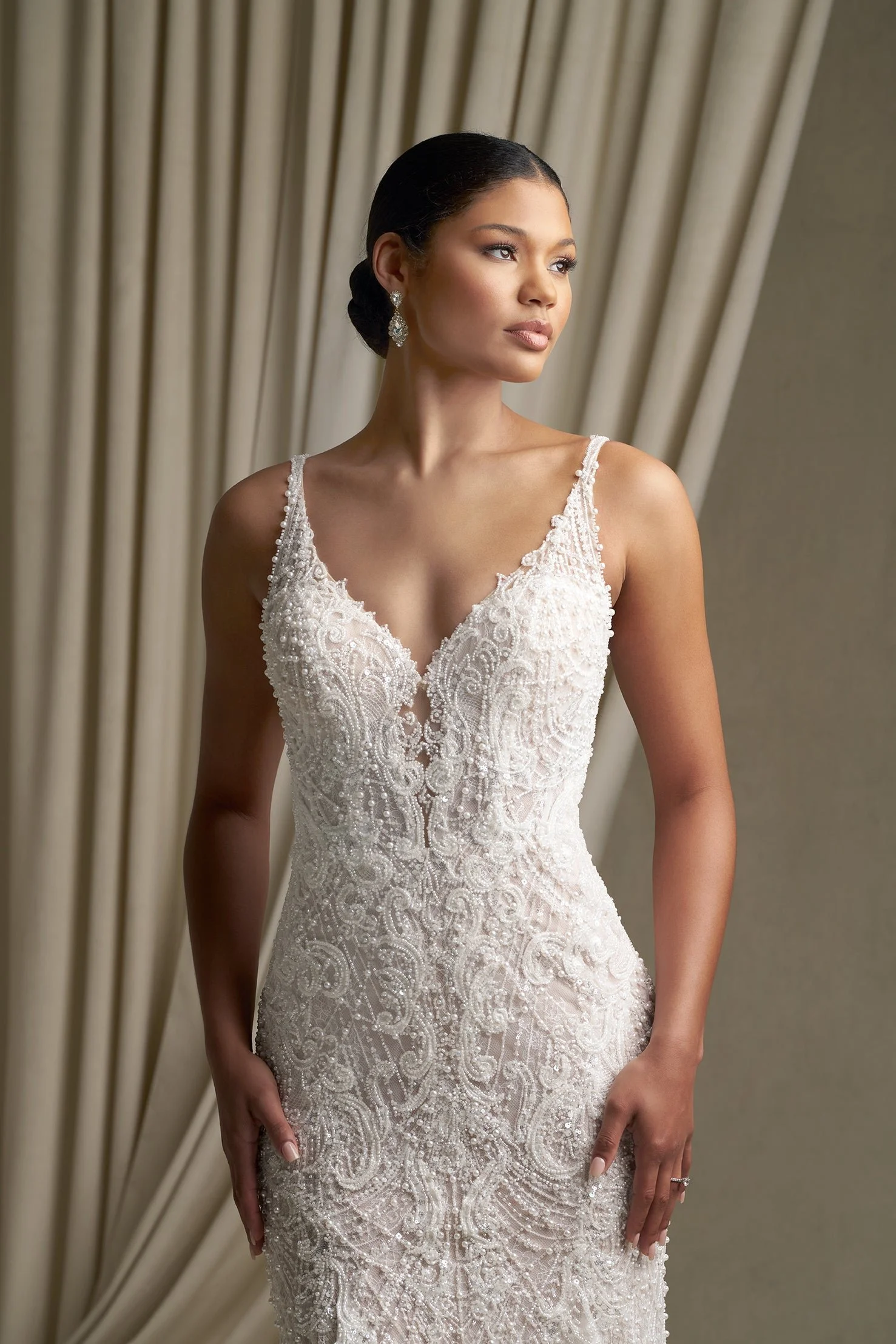 Allure Couture C805 beaded V-neck bodice close-up showing straps and neckline detail - Front Detail view