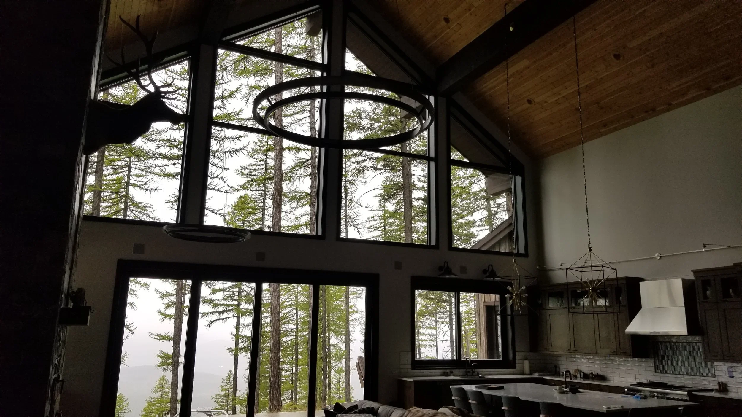 Interior view of a modern cabin with floor-to-ceiling windows showing a forest outside. The ceiling is wooden, and there are black circular light fixtures hanging from it. A mounted deer head is visible on the left side of the image.