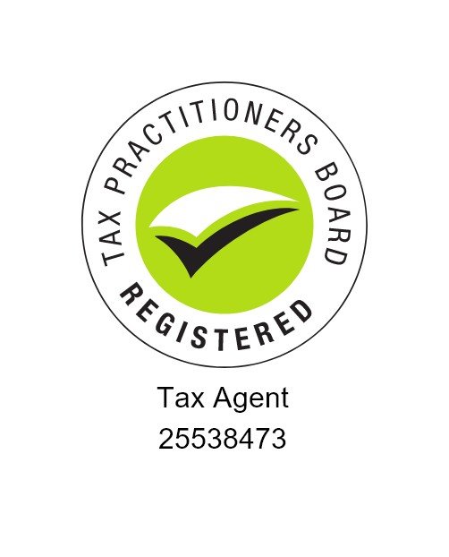 A certified Tax Practitioners Board registration badge with a black check mark inside a green circle, surrounded by the text "Tax Practitioners Board Registered" and with "Tax Agent" and the number "25538473" below.
