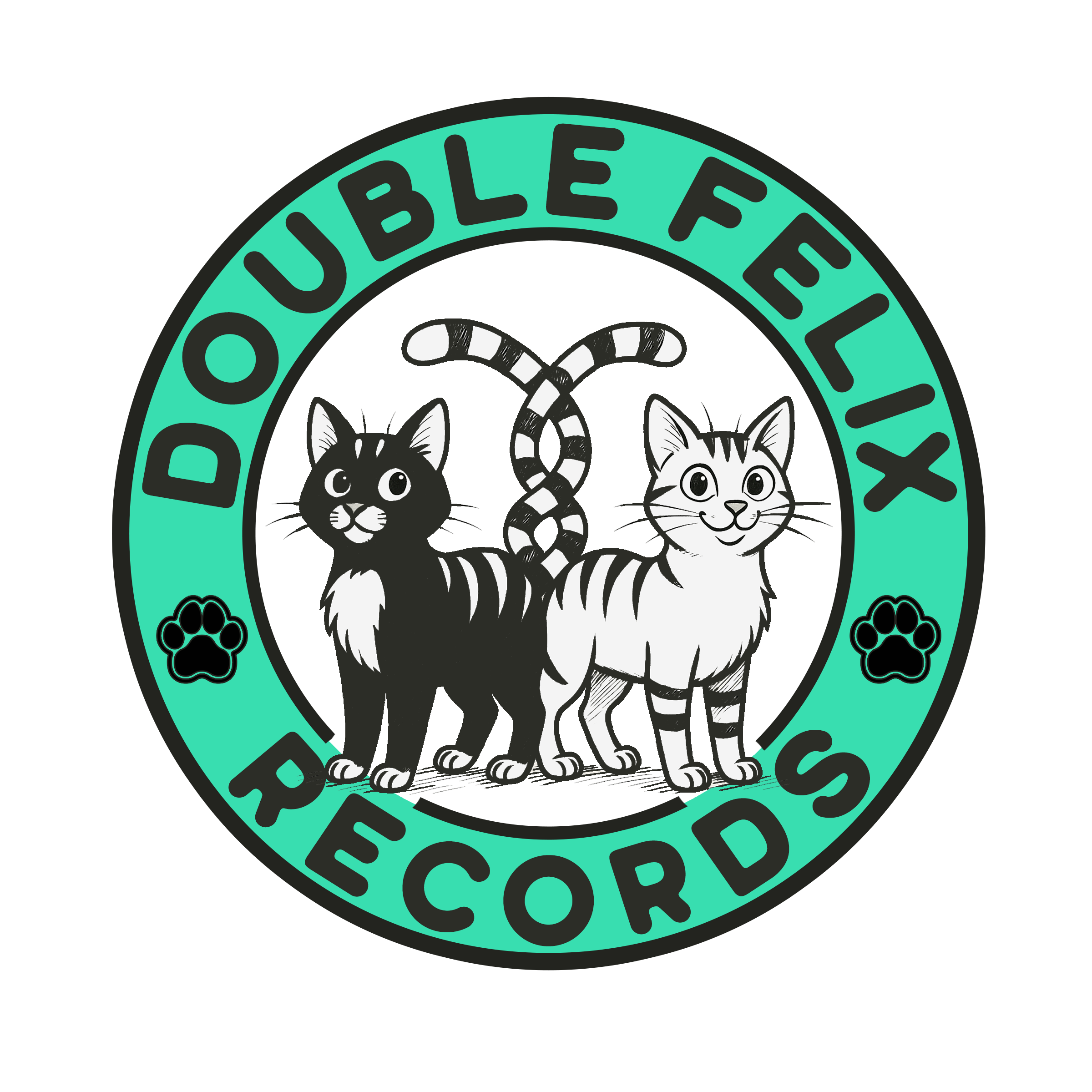 Logo for Double Felix Records featuring two stylized cats with striped tails, one black and one white, surrounded by teal circle with the text "Double Felix Records" and paw print icons.