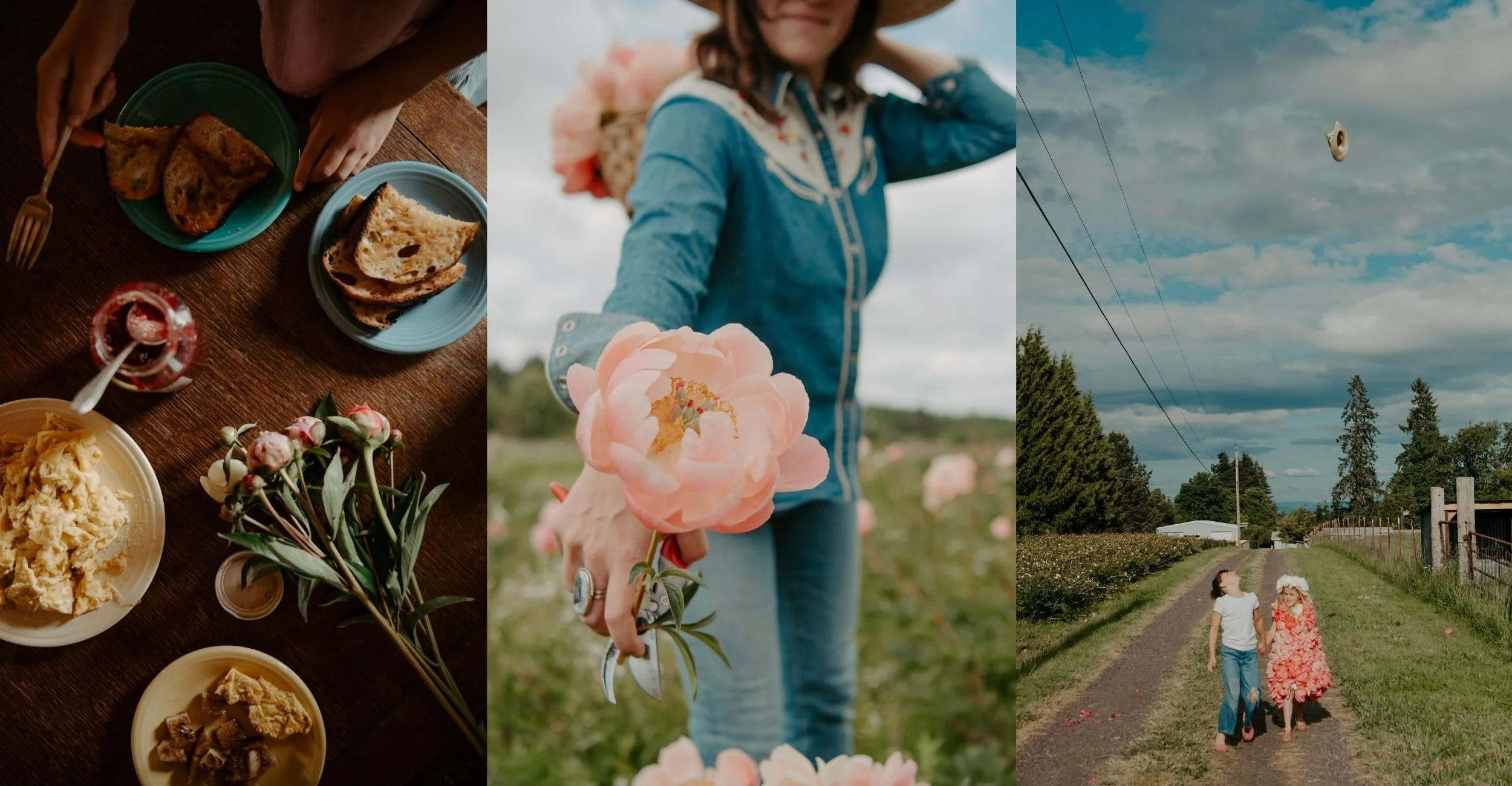 Three vertical panels: the first shows a breakfast table with toast, scrambled eggs, and jam; the second shows a woman in a blue denim jacket holding a pink flower; the third shows a rural landscape with a road, trees, and children walking with flowe