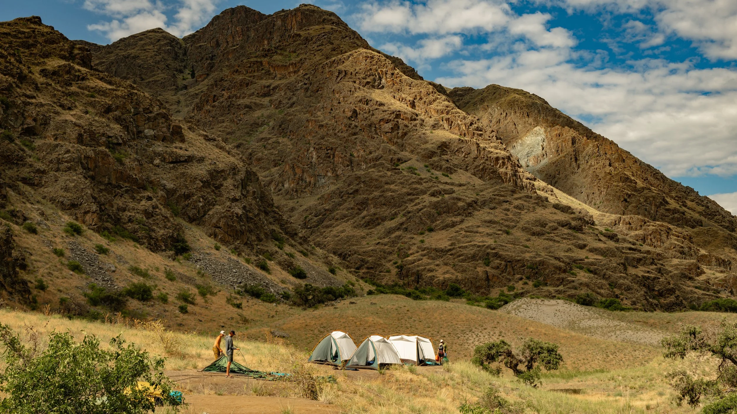 Group of tents set up on grassy field with mountains in the background and three people adjusting a tent in the foreground.