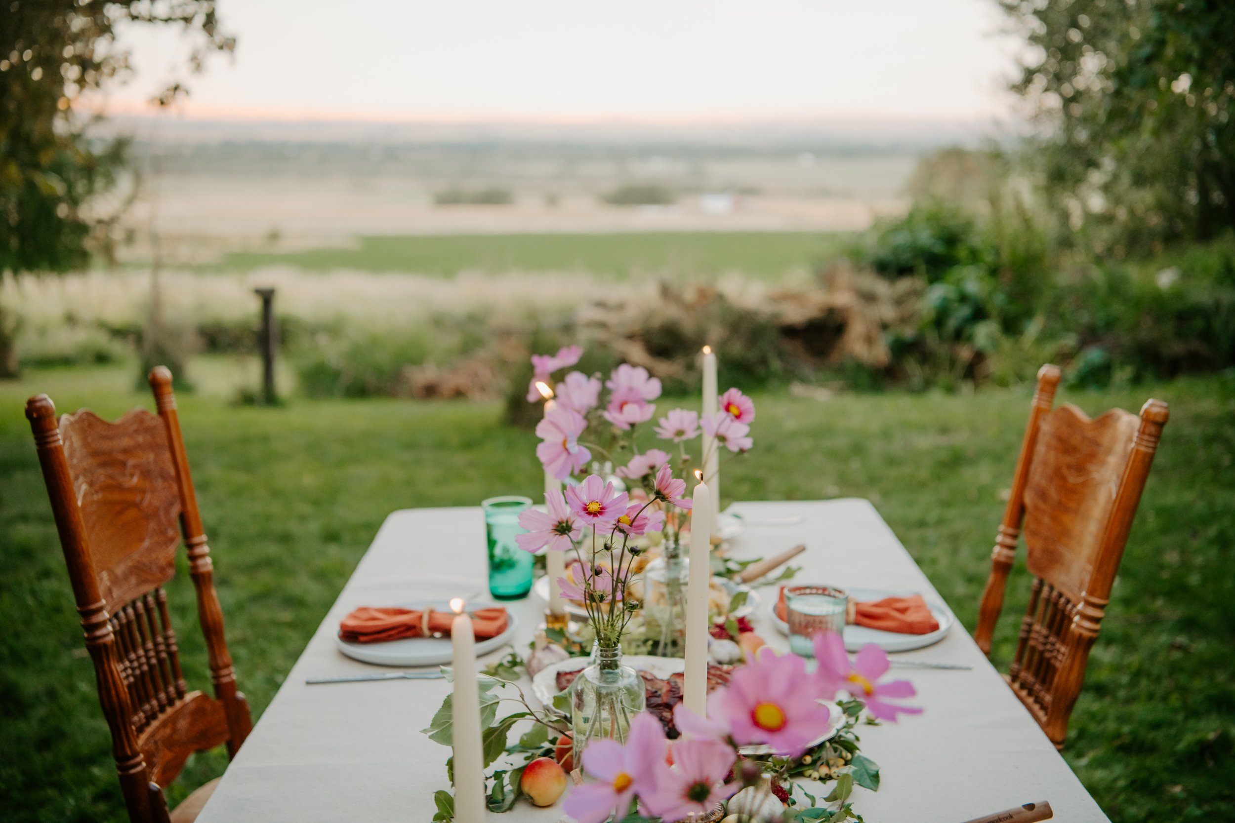 Outdoor dining table set for a gathering with pink flowers and candles, surrounded by wooden chairs, with a scenic view of fields and trees in the background.