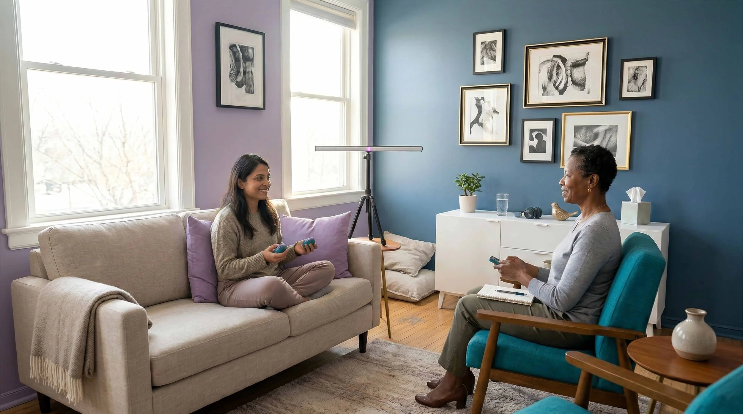 A woman taking a meditation or therapy session in a cozy living room with a therapist. The woman on the sofa holds small weights and appears relaxed, smiling. The therapist, sitting in a teal chair, holds a remote or device, with a notepad on her lap. The room has large windows, framed black and white artwork on the wall, and various decor items including a plant, tissue box, and glass of water.