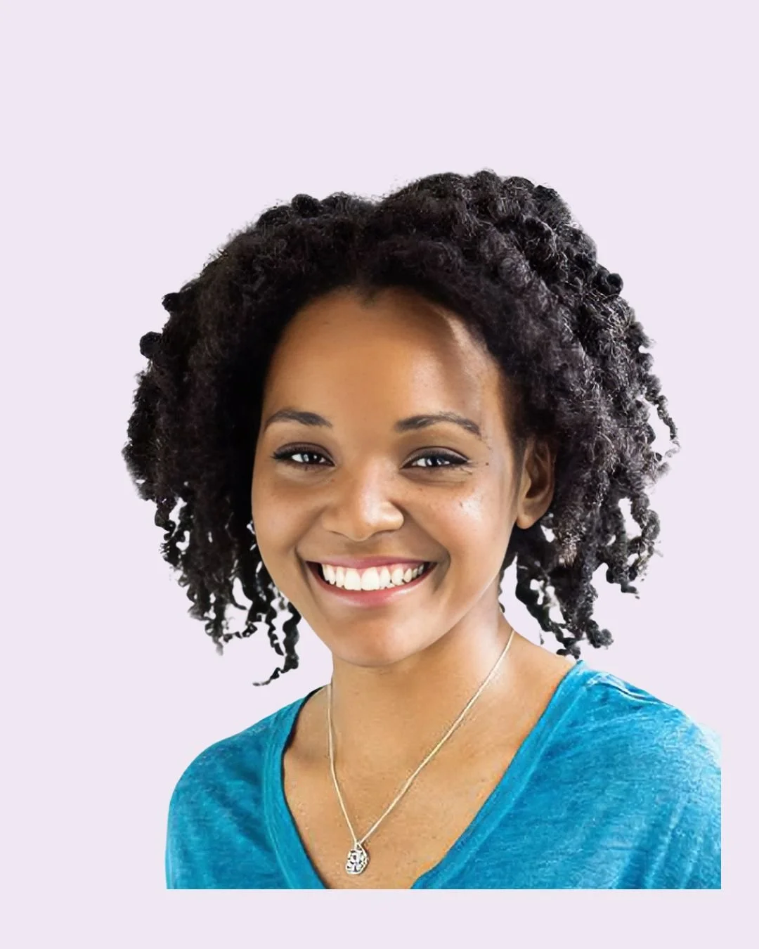 A smiling woman with curly black hair, wearing a blue shirt and a silver necklace, against a light purple background.