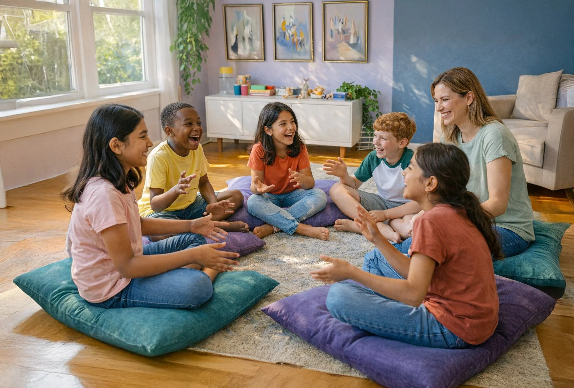 A group of children and a woman sitting on floor cushions in a living room, playing and laughing together.