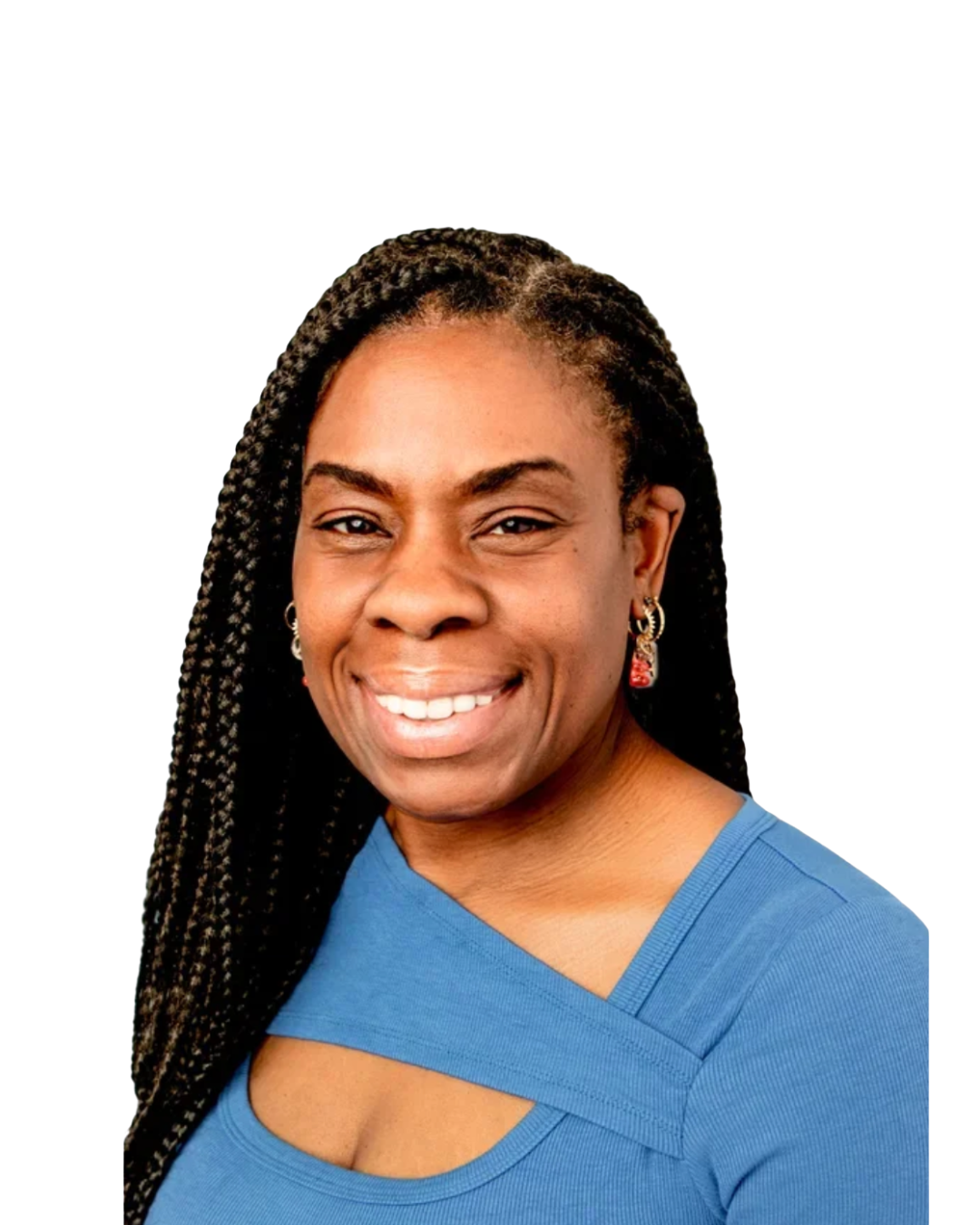 A smiling African American woman with long braided hair, wearing earrings and a blue top with cut-out details.