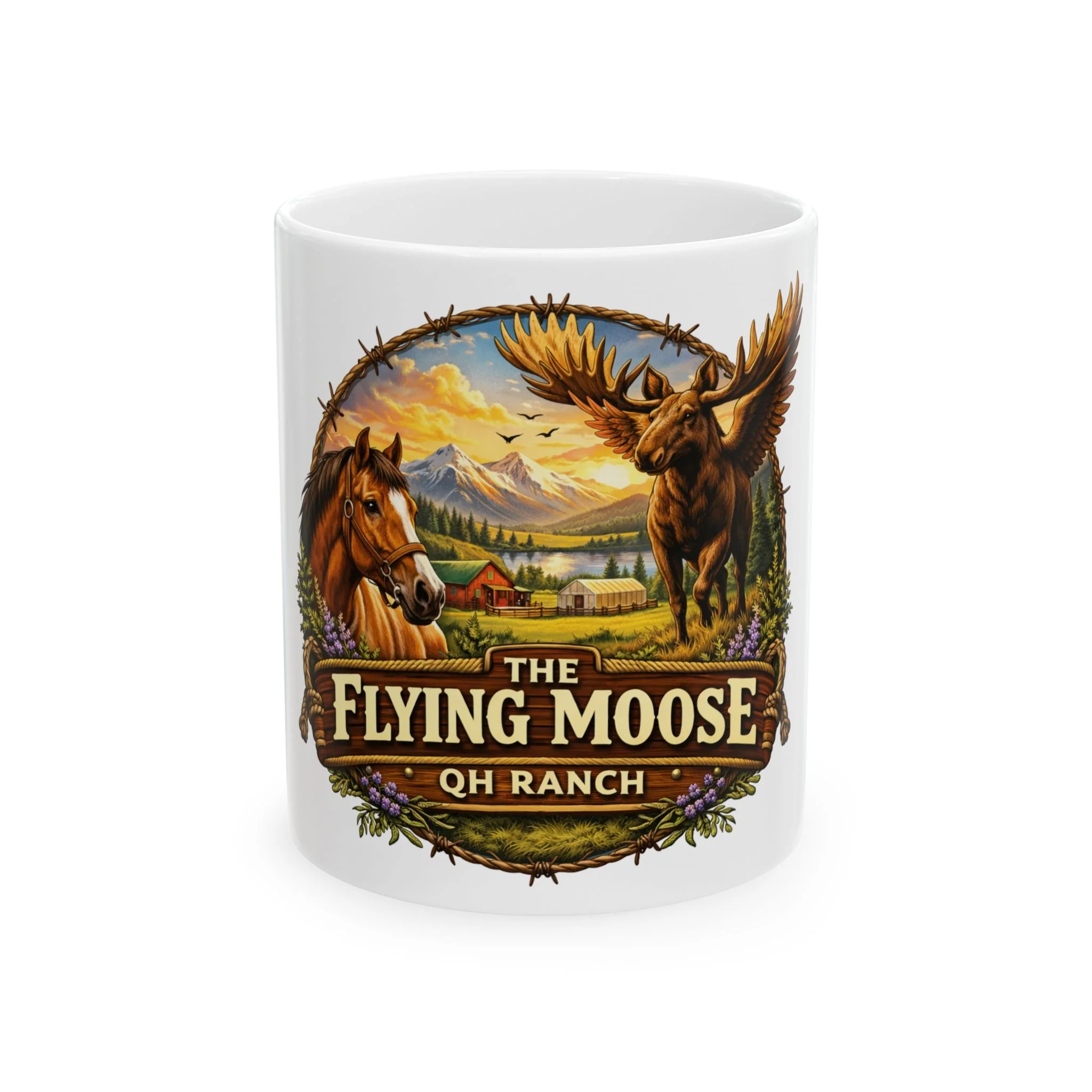 Flying Moose Ranch Ceramic Mug — Rustic Mountain Moose & Horse Coffee Cup (11oz/15oz)