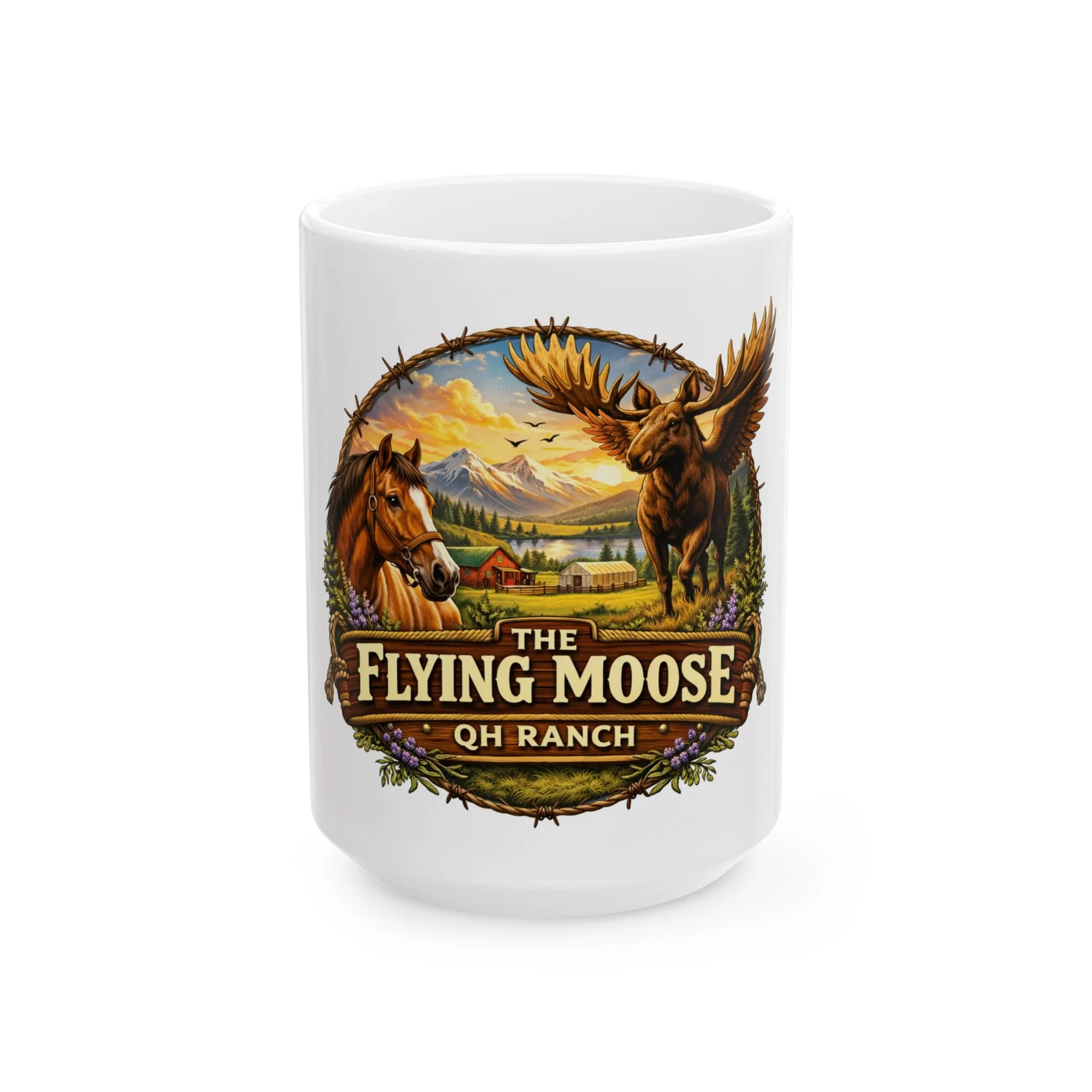 Flying Moose Ranch Ceramic Mug — Rustic Mountain Moose & Horse Coffee Cup (11oz/15oz)