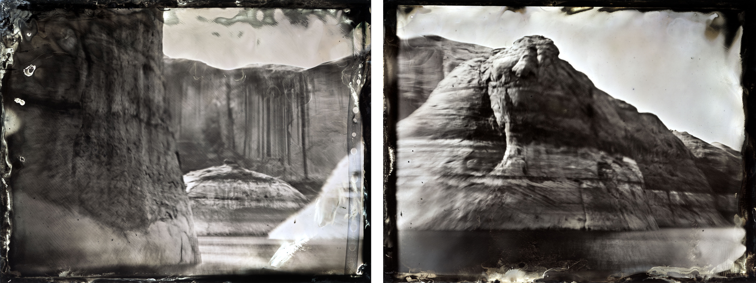 Two black and white photographs of mountain landscapes, with visible film wear and scratches.