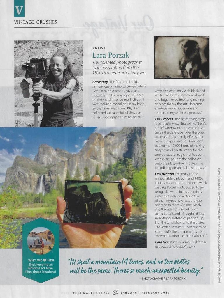 Article featuring photographer Lara Porzak with two photos: one of her holding a camera on a tripod, and another of a mountain landscape with a person taking a photo of the scenery using a camera, with a quote about shooting mountains.