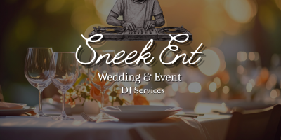 Nice Dinner table set with wine glasses and white linen, overcasted by the wording Sneek Ent Wedding & Event Dj Services