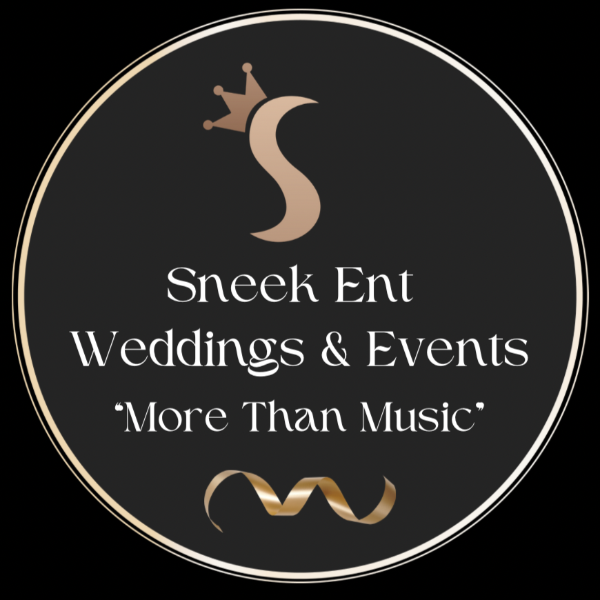 Black circular logo for Sneak Ent Weddings & Events featuring a stylized letter S with a crown and swoosh, and the tagline "More Than Music."