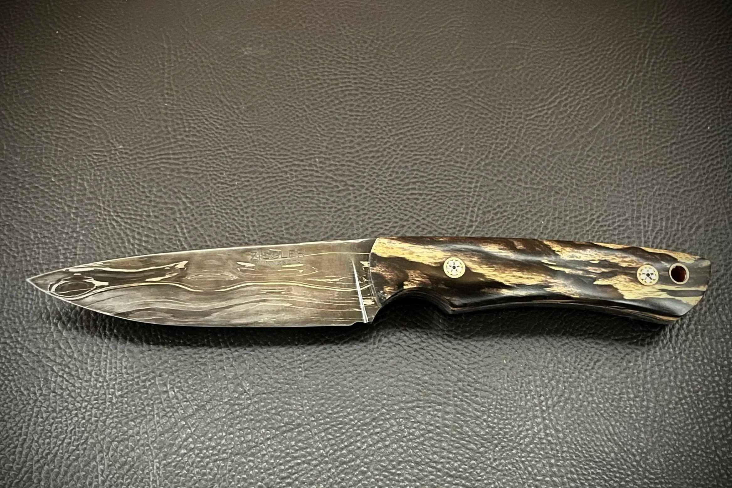 Canister Damascus Knife, Mosaic Pins, Black and White Ebony Scales
