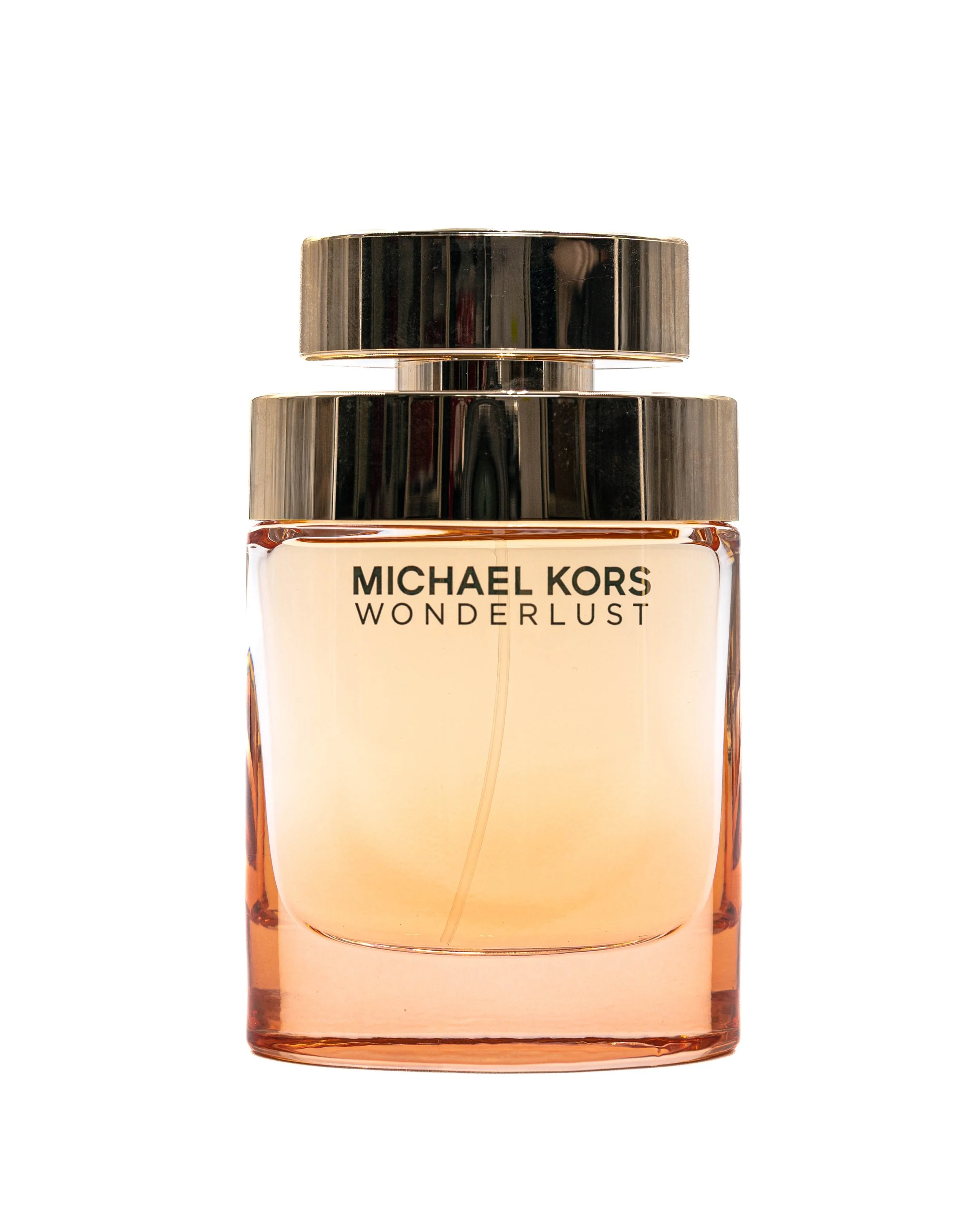 A bottle of Michael Kors Wonderlust perfume with a clear glass body, a metallic cap, and a white label with black text against a white background.