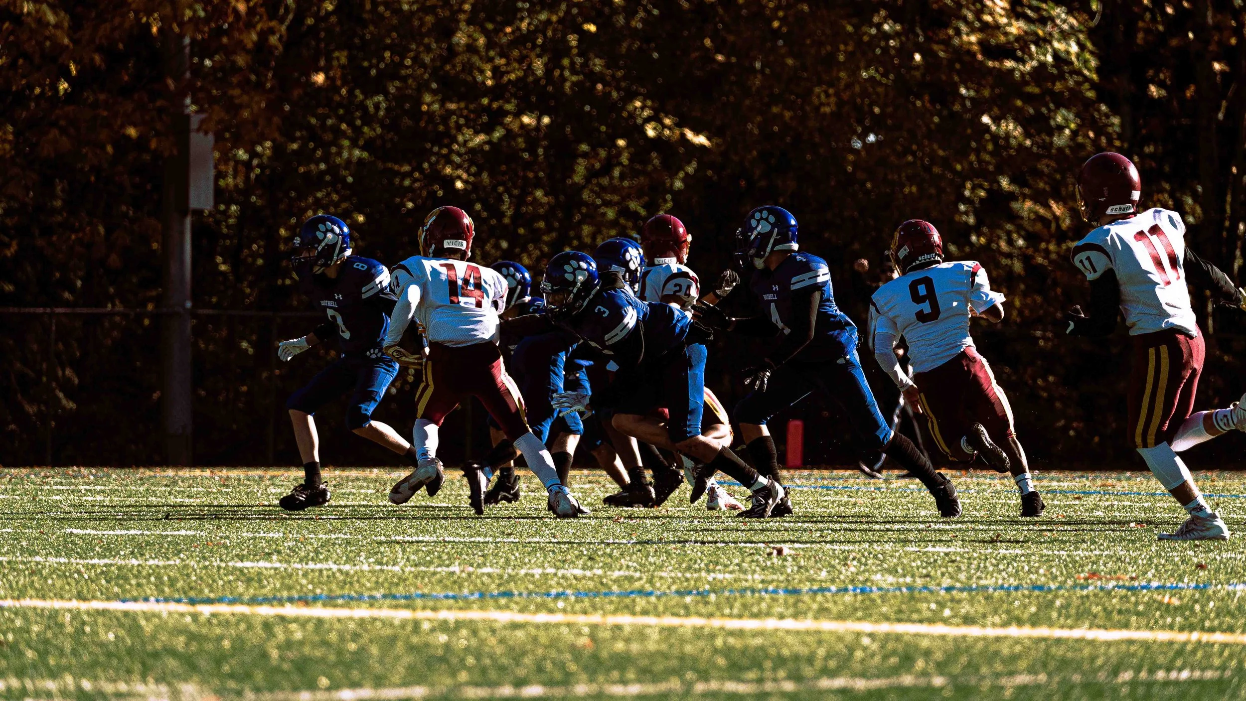 American football players in white and dark jerseys compete on a grassy field during a game in daylight.