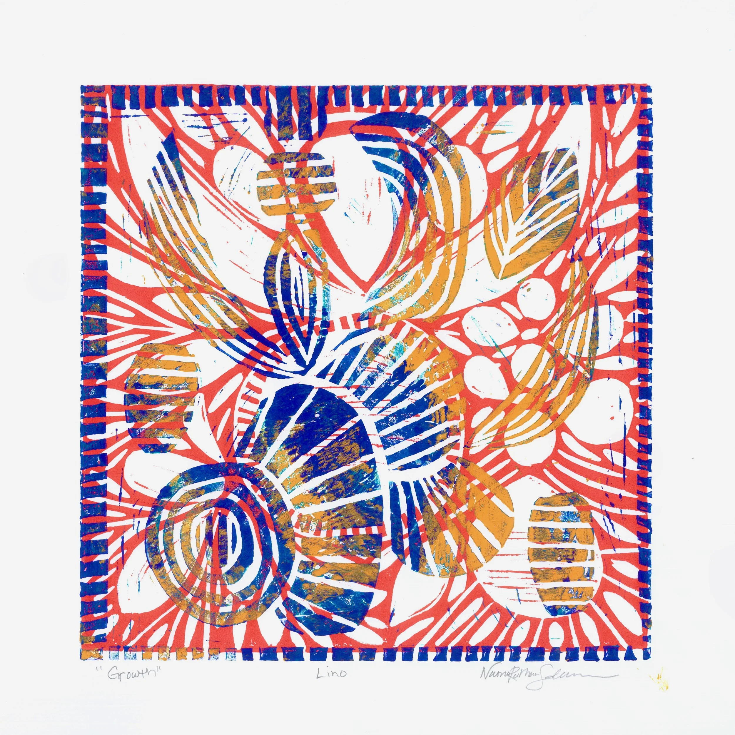 Abstract art in red, blue, and yellow swirls.