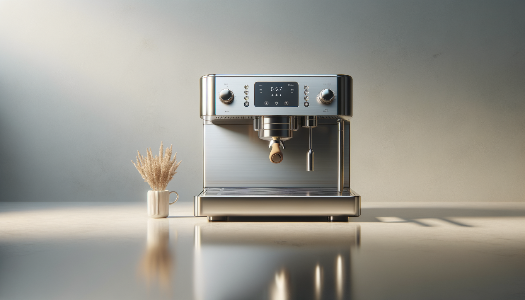 Modern stainless steel espresso machine on a white kitchen countertop with a white vase containing dried wheat stalks to the left, neutral wall background, soft natural lighting, and shadows cast on the surface.