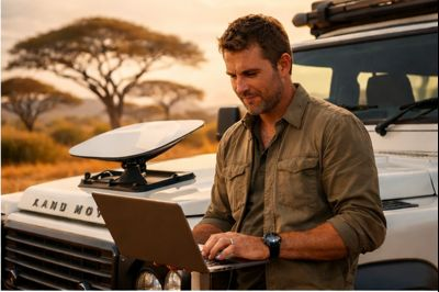 A successful hedge fund manager using FLOW technology from Trade Oracle working on a laptop in a remote area near a Land Rover vehicle in a savannah landscape with trees and a sunset sky.