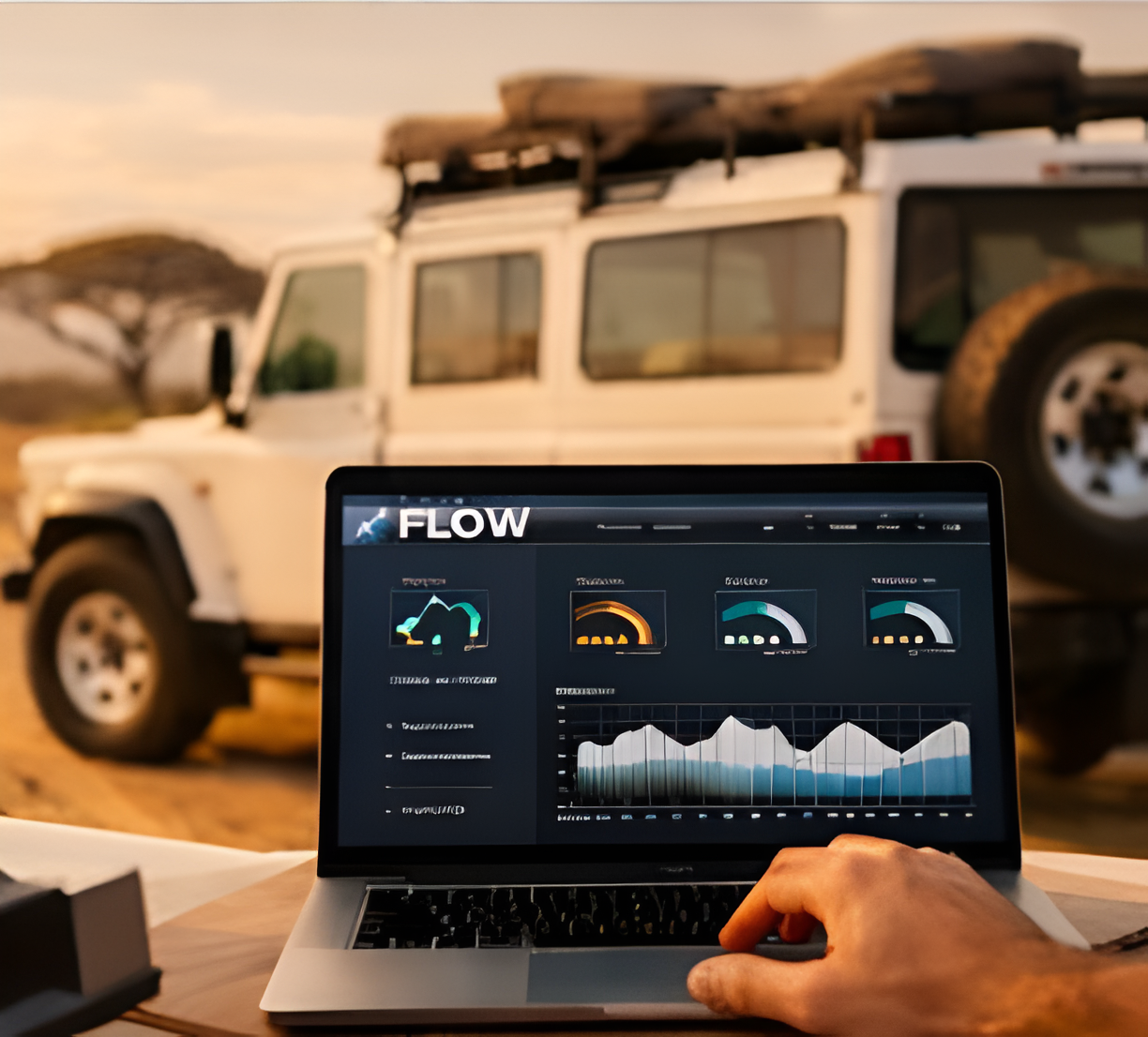 An asset manager working on a laptop displaying data charts and gauges, with a Land Rover Defender in the background demonstrating the ease of use and the quality of life and confidence brought on by using the Trade Oracle FLOW FAZE and SIGNALS.