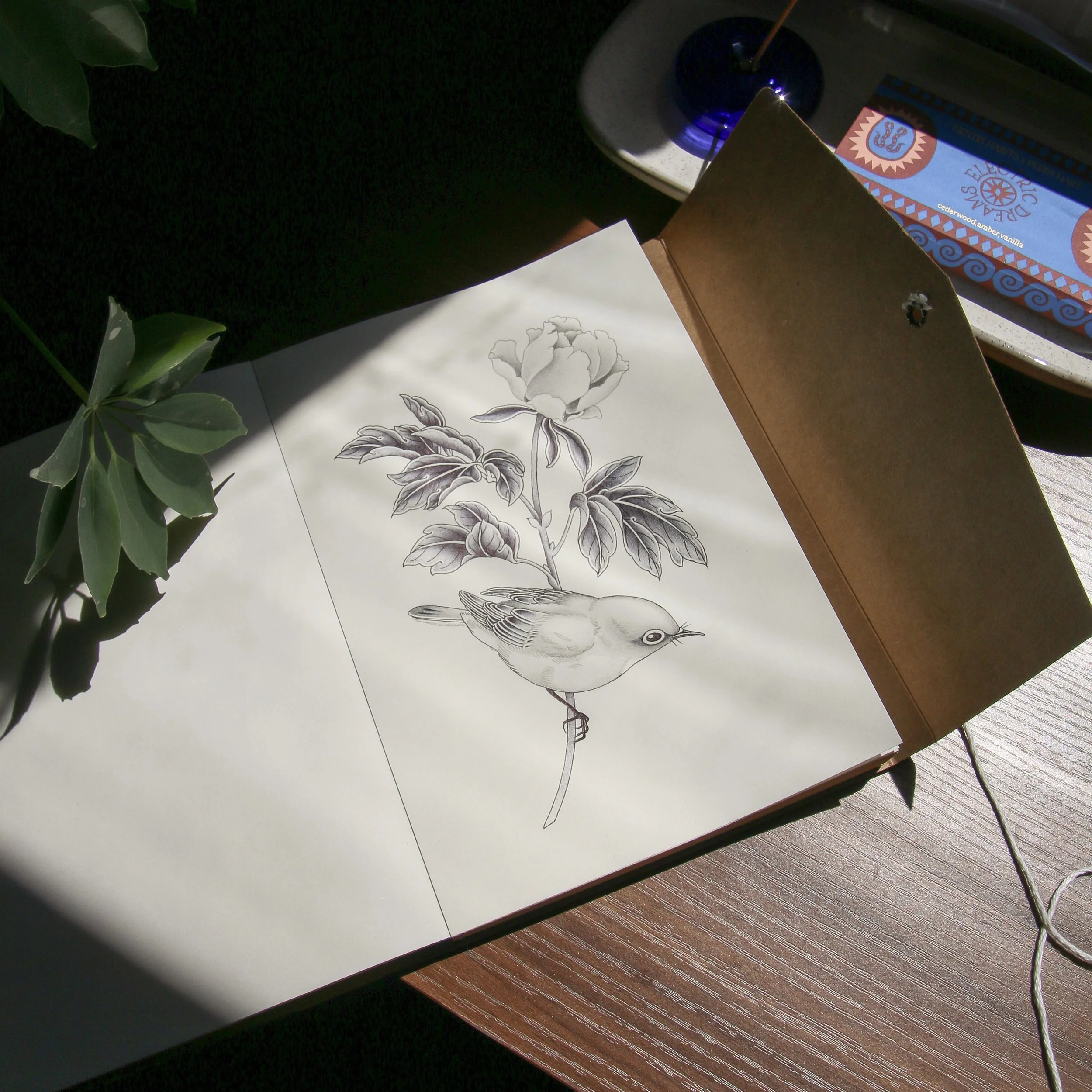 Wax-eye and peony piece