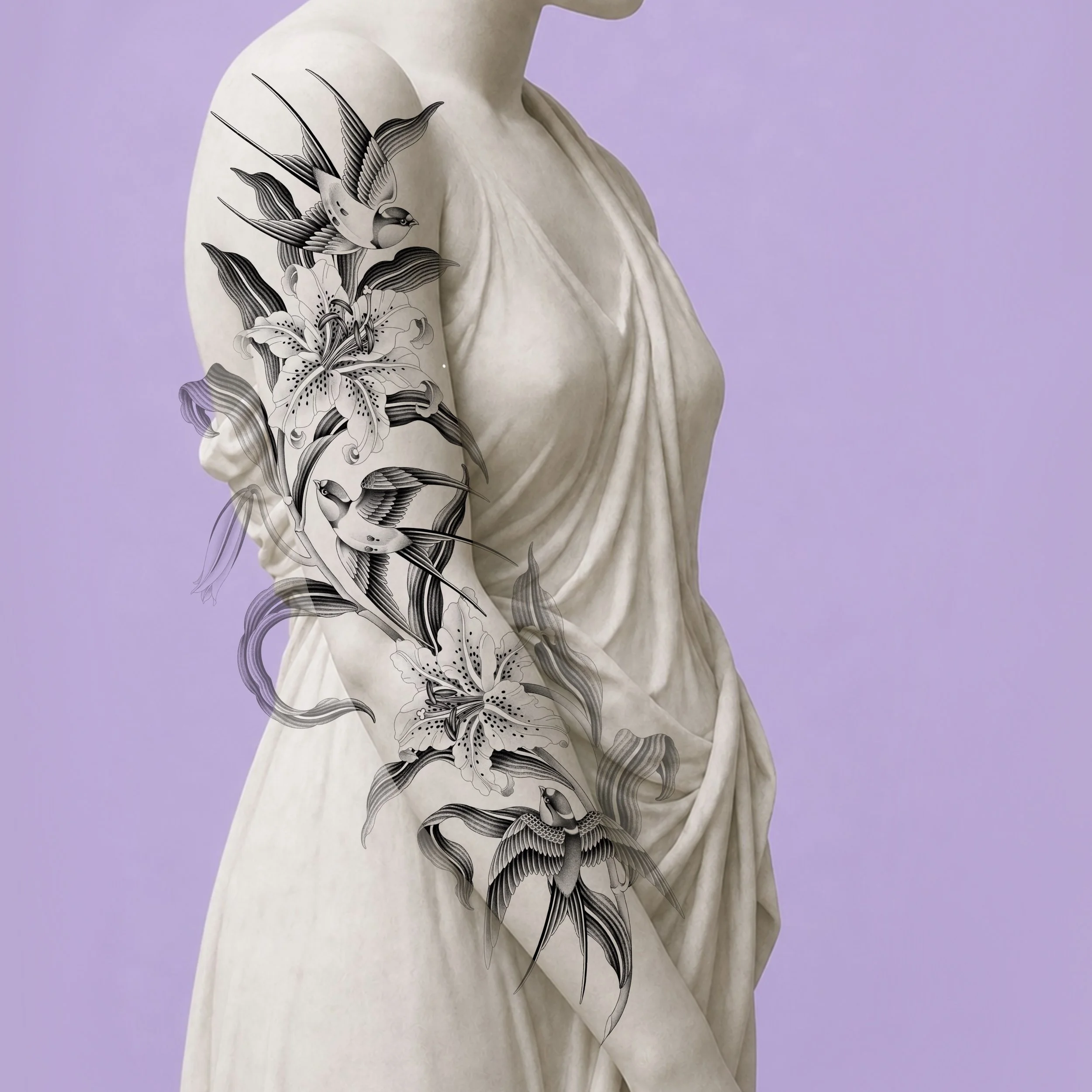 Swallow and Tiger lily sleeve concept