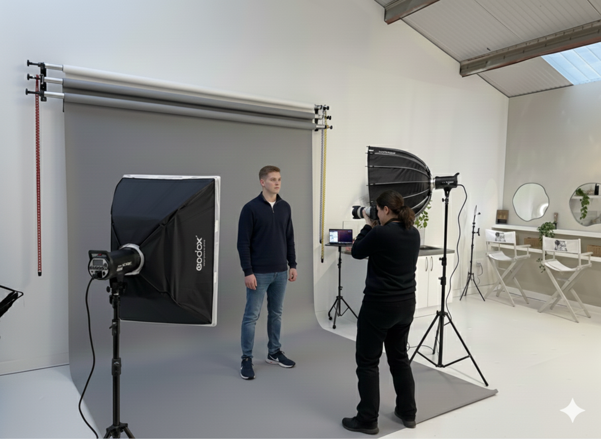 A professional photoshoot setup in a studio with a male model standing in front of a gray backdrop, a photographer taking pictures, and various lighting equipment.