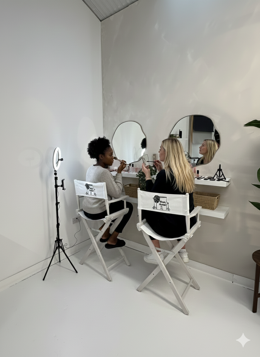 Two women are sitting on white director's chairs in front of a mirror, doing makeup or applying cosmetic products. One woman has dark skin and curly hair, while the other has light skin and long blonde hair. A ring light on a tripod is positioned to the left, illuminating the scene.