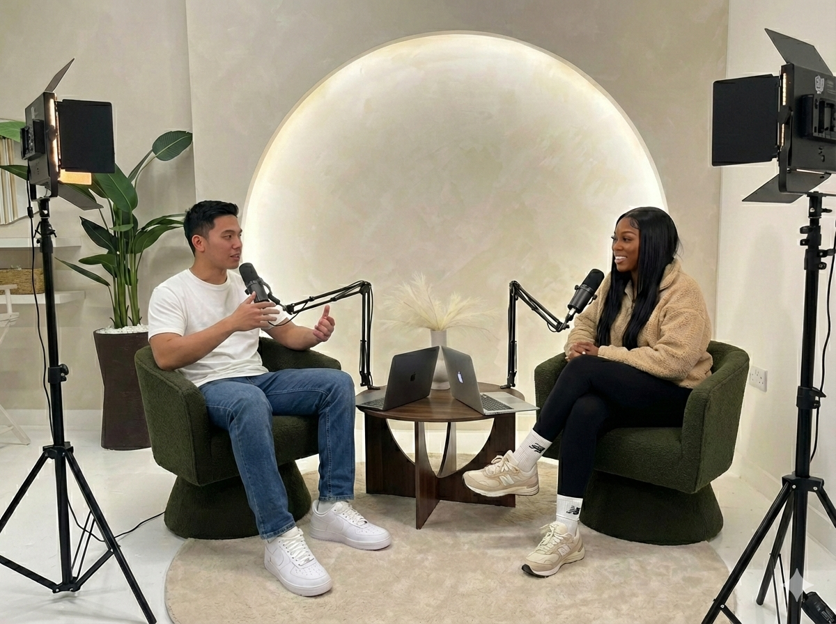 Two people recording a podcast in a studio, seated in green chairs with microphones, laptops, and professional lighting.