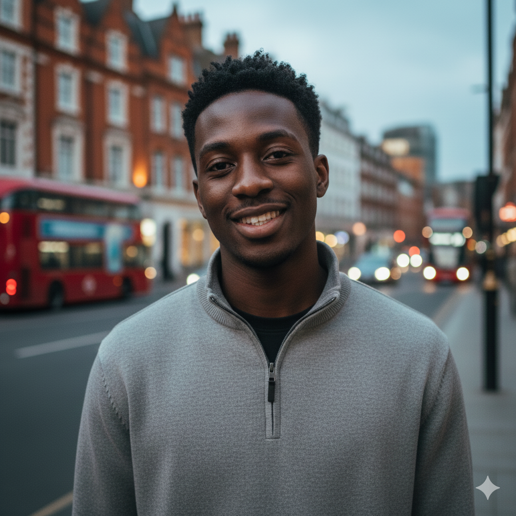 A young man smiling on a city street at dusk, with red double-decker buses and historic buildings in the background.