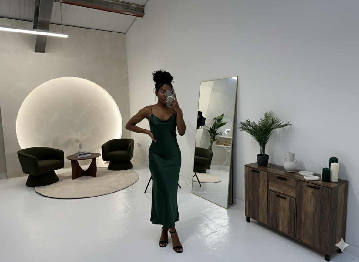 A woman in a green satin dress taking a mirror selfie in a modern minimalist room with a large mirror, two dark green chairs, a small wooden table, a circular rug, and a wooden sideboard with decorative vases and candles.