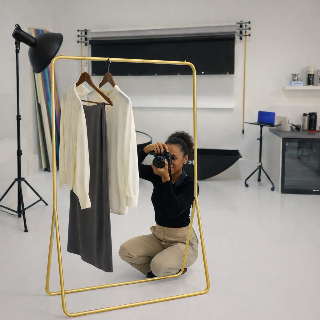 Woman kneeling in a photography studio, taking a picture of her reflection in a standing mirror with a clothing rack holding white and dark garments, standing on a white floor with studio equipment and a window in the background.