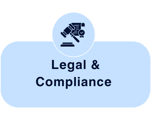 Icon of a gavel and block above the text 'Legal & Compliance' on a light blue background