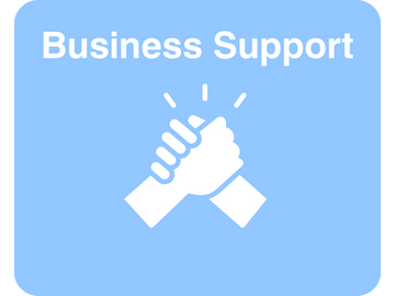 Light blue background with white text 'Business Support' and a graphic of two hands clasped in a handshake with lines above it.