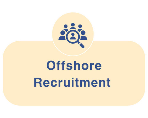 Icon of people with a magnifying glass over one person, above the text 'Offshore Recruitment' on a beige background.