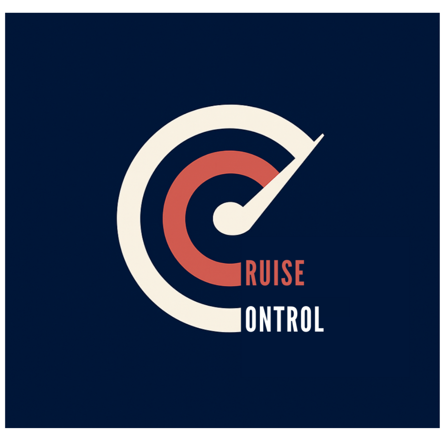 Graphic with a dark blue background, a circular meter with a needle pointing to high, the words 'CRUISE CONTROL' with 'CRUISE' in red and 'CONTROL' in white.