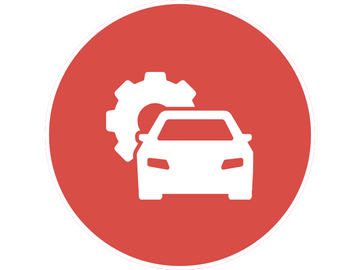 Red circular sign with a white car and gear icon, indicating vehicle maintenance or repair.