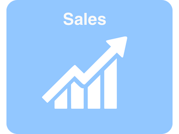 Blue background with white upward arrow chart and the word 'Sales' at the top.
