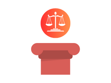 An illustration of scales of justice inside a speech bubble above a judge's gavel.