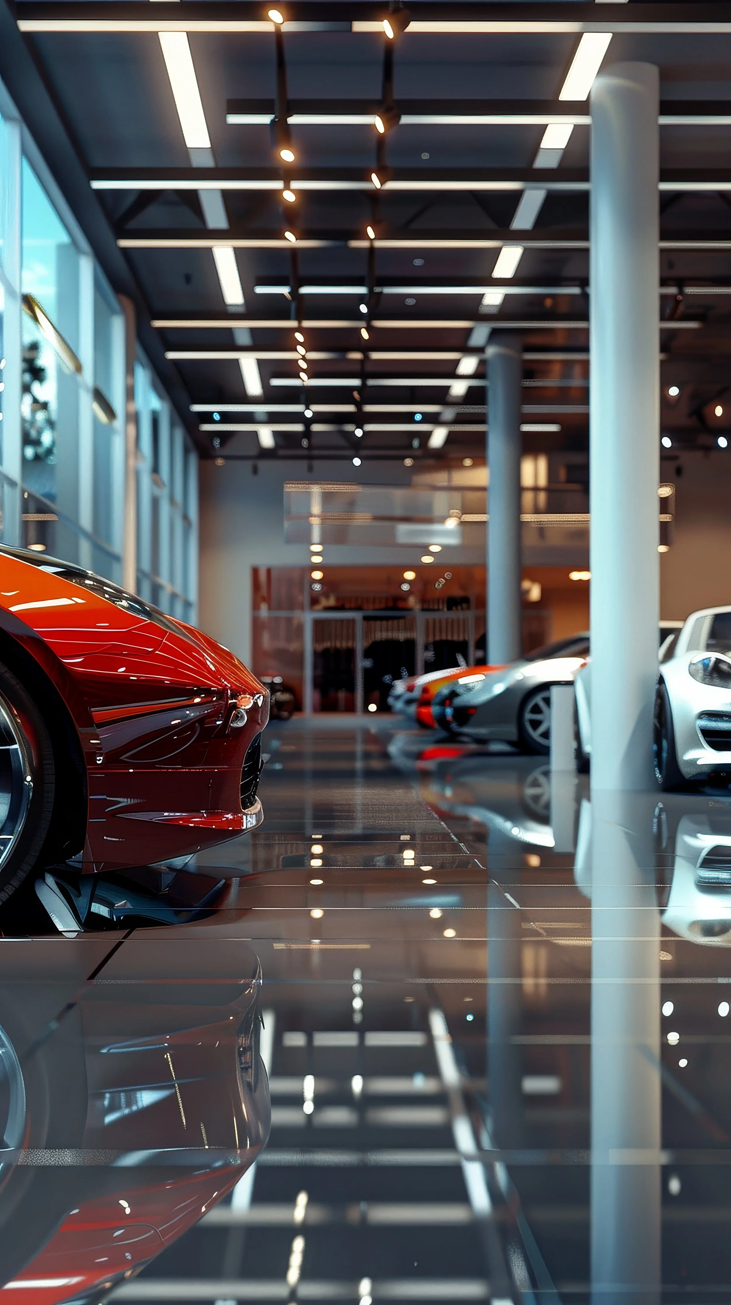Luxury car dealership showroom with sleek sports cars on display, shiny floors, modern lighting, and large windows letting in natural light.