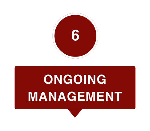 A red circle with the number 6, and a red rectangle with white text that says 'ONGOING MANAGEMENT'.
