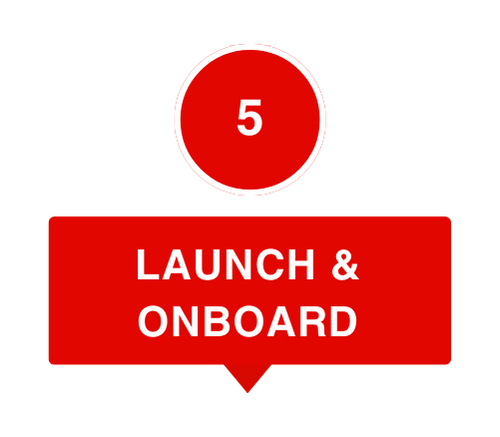 Red circle with the number 5 inside, and a red speech bubble below that says "Launch & Onboard" in white text.