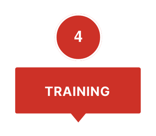 A red circle with the number 4, a red rectangle with the word TRAINING, on a black background.