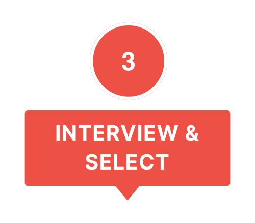 Step 3 illustration with a red circle numbered 3 and a red speech bubble reading "Interview & Select".