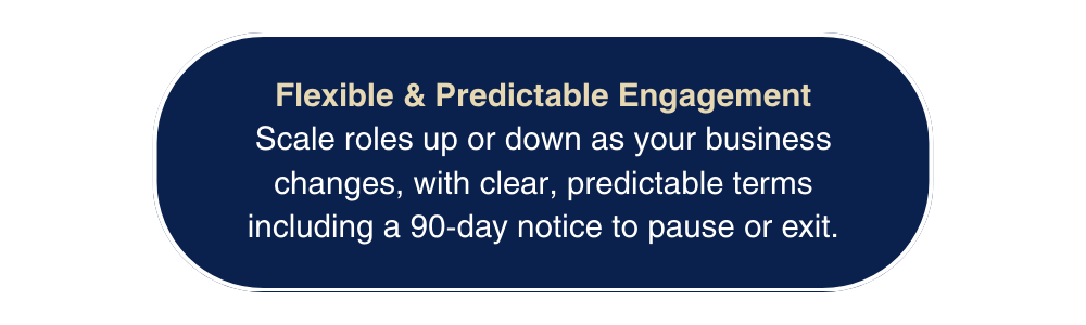 Text in a rounded rectangle with dark blue background reads: 'Flexible & Predictable Engagement. Scale roles up or down as your business changes, with clear, predictable terms including a 90-day notice to pause or exit.'