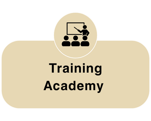 Icon of a person teaching a class, with four students, above the words "Training Academy" on a beige background.