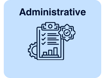 Icon of an administrative report with a checklist, bar graph, and gear on a light blue background.