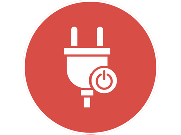 Red circular sign with a white power plug symbol and a power button.