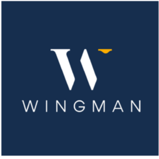 Logo with a large stylized white 'W' and a small yellow accent above part of the 'W', with the word 'WINGMAN' in white capital letters below, all on a dark blue background.