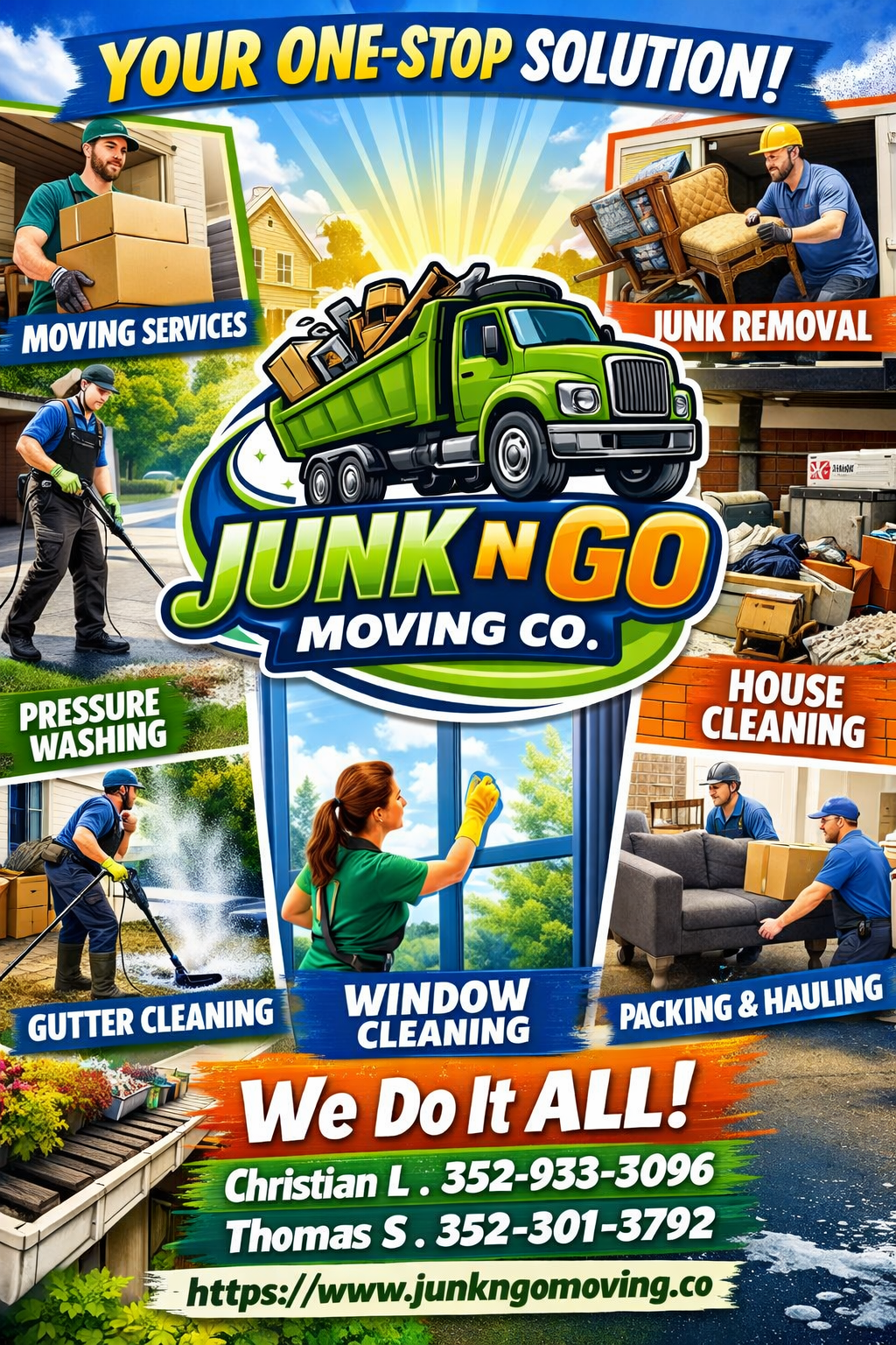 A colorful advertisement poster for Junk N Go Moving Co. showcasing various moving services including junk removal, house cleaning, window cleaning, gutter cleaning, pressure washing, packing, and hauling, with a truck filled with boxes and furniture, and contact information at the bottom.